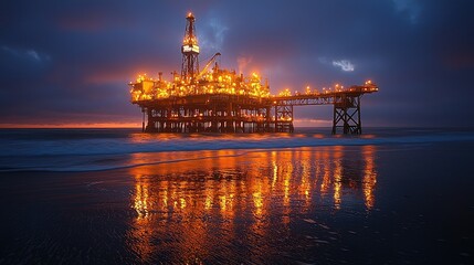 Illuminated offshore oil rig at sunset, reflecting on calm ocean.