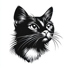 Black and white cat logo highlighting intricate features and expressive eyes for brand identity and design purposes