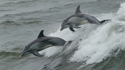 Fototapeta premium Two dolphins leap joyfully through white-capped waves near the shore, displaying their agility and playfulness in the ocean on a bright day