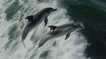Naklejka premium Two dolphins are joyfully leaping above the water’s surface, creating splashes as they swim near the coast on a bright sunny day. The scene captures their playful spirit