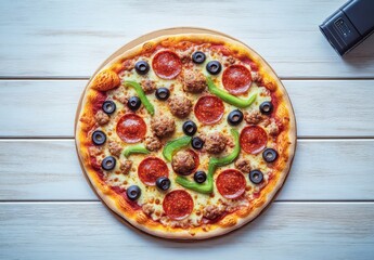 Delicious Classic Italian Pizza Topped with Pepperoni, Sausages, Green Peppers, and Black Olives on a Wooden Table Ready to Serve for a Perfect Meal Experience