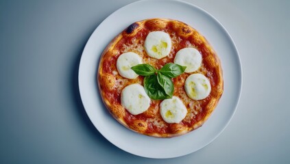 Delicious Classic Margherita Pizza with Fresh Mozzarella, Tomato Sauce, and Basil Leaves on a Bright Plate Surrounded by Neutral Background