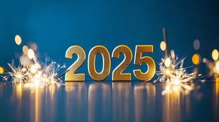 Elegant Golden "2025" and Dazzling Fireworks on Blue Background for New Year Festivities. Ideal for Christmas and Holiday Celebrations, Symbolizing New Beginnings and Joyful Gatherings.