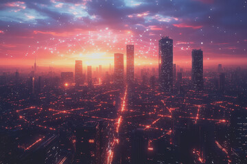 Fototapeta premium A modern city with a wireless network connection concept and cityscape. Technology concept.