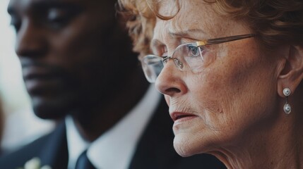 An elderly woman with curly hair and glasses displays deep emotion and contemplation next to a man dressed in formal attire at a significant gathering, possibly a ceremony