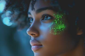 Black woman female IT specialist faced with artificial intelligence green virtual code.