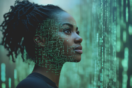 Black woman female IT specialist faced with artificial intelligence green virtual code.