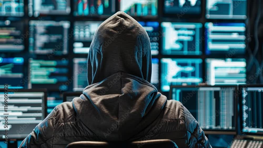 Poster A person wearing a hoodie sits in front of multiple computer screens displaying data and graphs in a high-tech environment. Bright lights illuminate the scene, emphasizing the advanced technology.