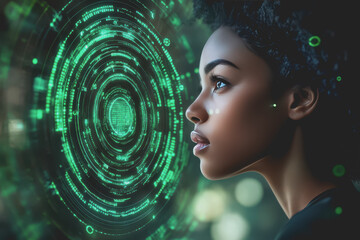 Black woman female IT specialist faced with artificial intelligence green virtual code.