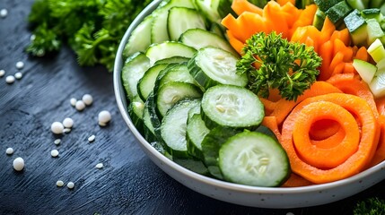 Bowl of Colorful Sliced Vegetables.