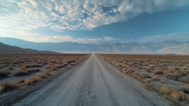 A dirt road winds into the horizon, surrounded by dry grass and dirt plains, leading to majestic mountains under a blue sky with fluffy clouds. The scene captures tranquility and openness