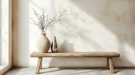 Serene Minimalist Interior: Wooden Bench with Dried Flowers and Vases