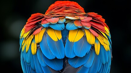 Fototapeta premium Scarlet macaw's vibrant red, yellow, and blue feathers displayed in close-up view.