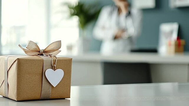 Thank you gift box on hospital reception counter with nurse badge and stethoscope
