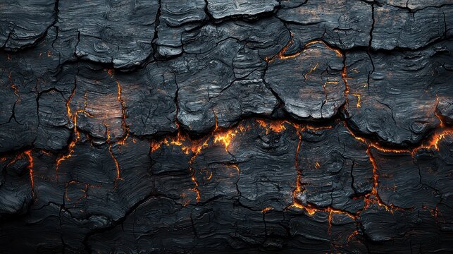 Charred dark wood texture displaying burnt rugged elements and glowing fissures from fire damage