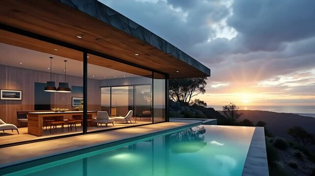 Modern luxury house with infinity pool overlooking a sunset landscape