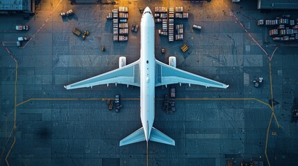 Aerial View of Modern Airplane at Busy Airport Cargo Area