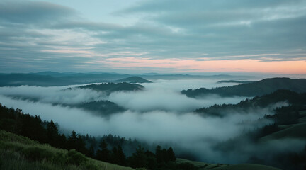 Obraz premium Tranquil Mountain Landscape with Rolling Mist and Sunrise