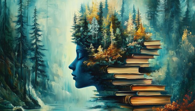 Surreal Art: Human Head Forest Growing On A Stack Of Books - A Conceptual Exploration Of Mystery, Philosophy, Education, Mind, And Nature