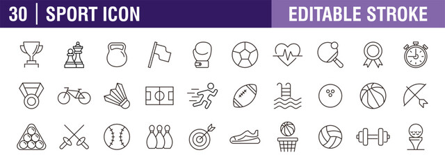 Collection of sport icons. Competition, lifestyle, healthy living. Vector design template, signs, symbols, editable stroke.
