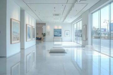 minimalist art gallery showcasing vibrant paintings against pristine white walls soft natural light pouring in creating a serene and inspiring atmosphere