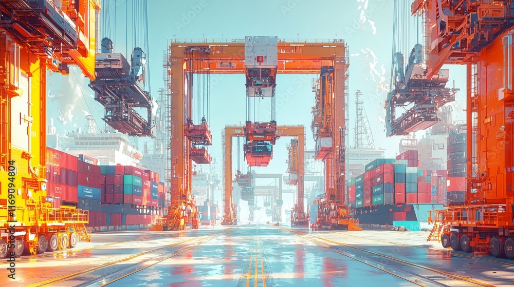 Poster vibrant container port with cranes and stacked shipping containers