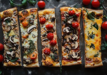 Delicious Flatbread Pizzas with Fresh Toppings Including Mushrooms, Tomatoes, Cheese, and Herbs Arranged on a Rustic Dark Background for Culinary Inspiration