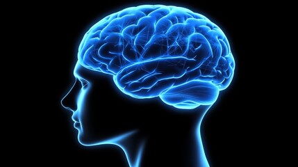 Obraz premium Glowing Blue Human Brain Profile View Depicting Neural Activity, Intelligence, and Cognition.
