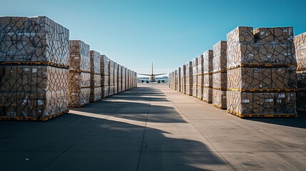 Rows of Cargo Pallets at Airport with Airplane in the Background