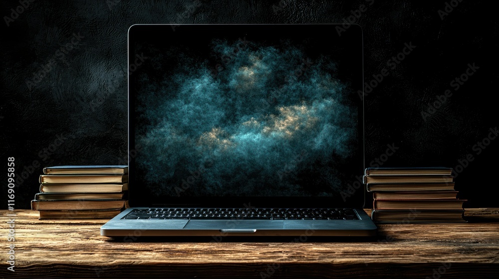Poster laptop with abstract nebula display on wooden desk between stacks of books.