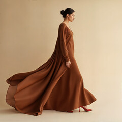 Naklejka premium Elegant woman in a flowing mocha brown maxi dress, posing gracefully against a neutral backdrop. Red heels add a pop of color.