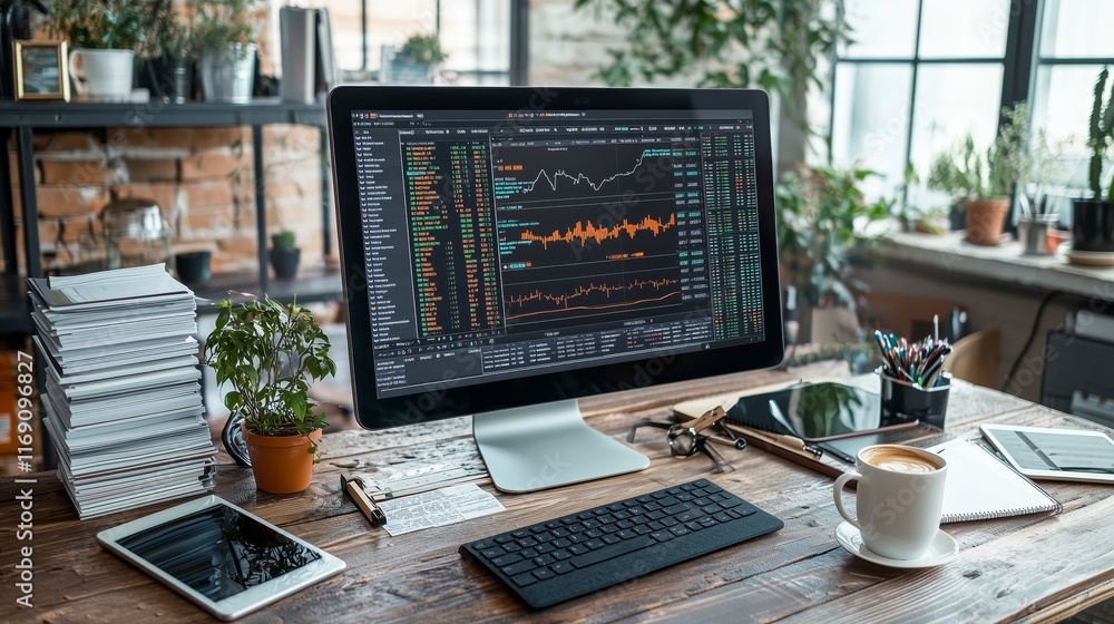 Poster modern workspace with computer displaying financial market data