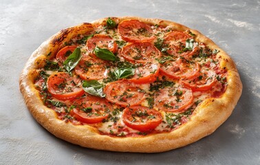 Delicious Freshly Baked Margherita Pizza with Juicy Tomato Slices and Fragrant Basil Leaves on a Light Golden Crust Served on a Gray Background