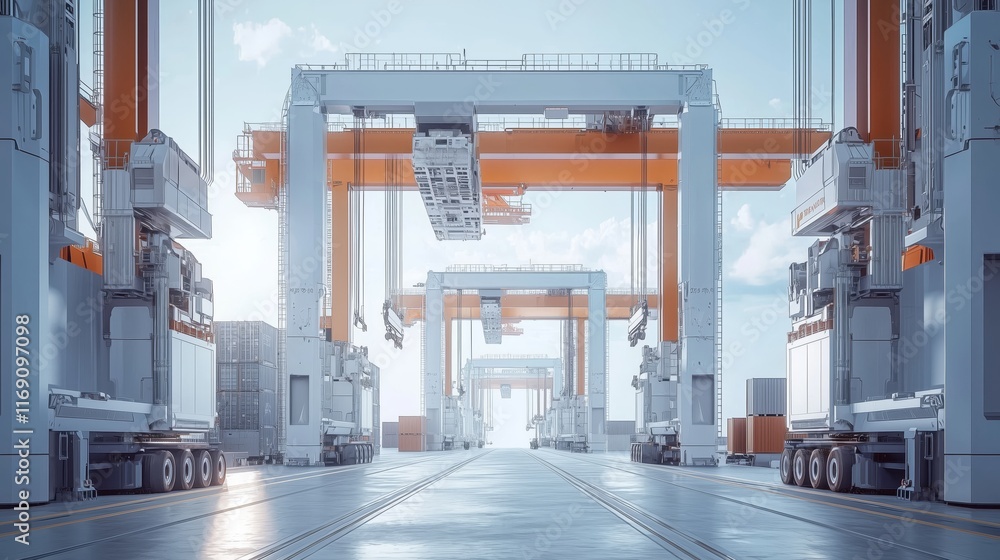 Poster modern warehouse with automated crane systems and shipping containers