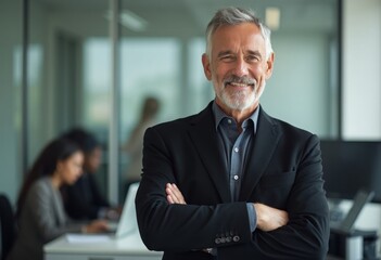 Male boss stands in front of employees, hands crossed