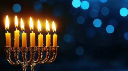 Fototapeta premium Lit menorah candles on dark blue bokeh background for Hanukkah.