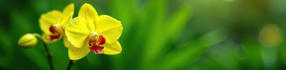 Delicate yellow orchid blooms in a lush green garden, flora, beautiful flowers