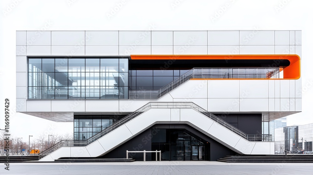 Poster modern architectural building with clean lines and vibrant orange accent in urban setting, minimal d