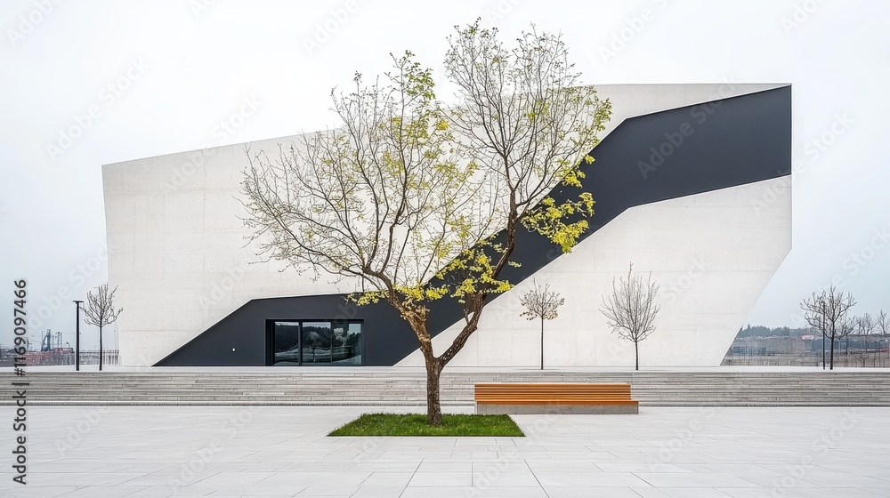 Poster modern architectural design with geometric shapes and a solitary tree on a cloudy day