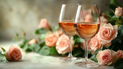 A clean white background with two wine glasses clinking, framed by soft pink roses and space for text inside. with copy space for text