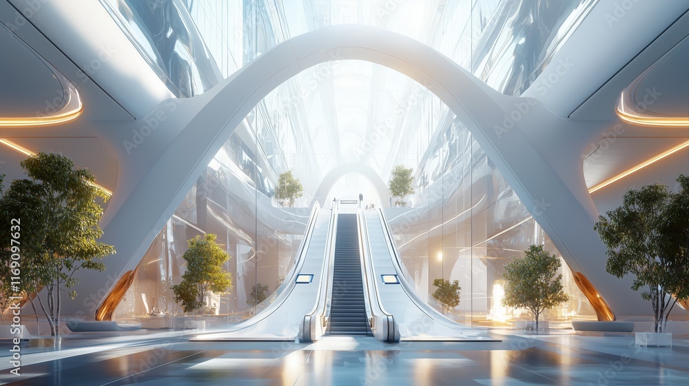 Poster modern futuristic architecture with escalators and natural elements