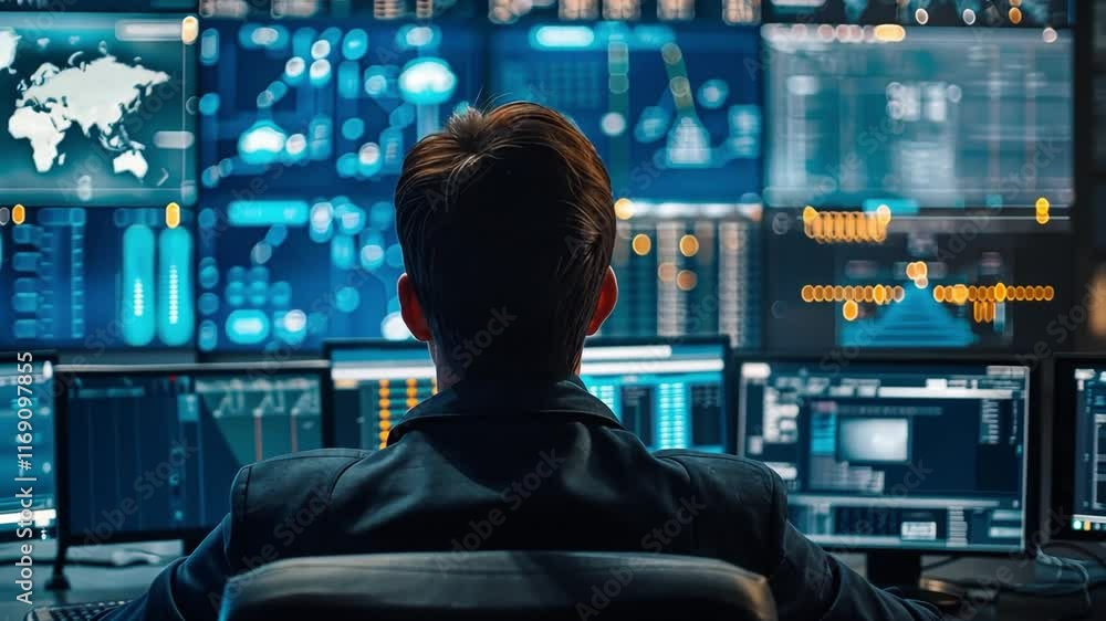 Poster A person dressed in formal attire is focused on various screens displaying data analytics and global information.
