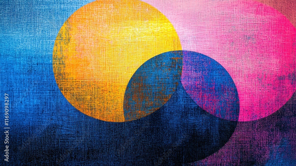 Aufkleber colorful geometric circles overlaid on textured canvas background creating artistic visual harmony