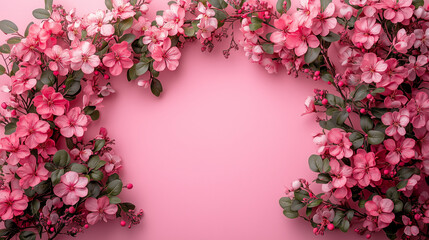 Obraz premium A pastel pink background with a floral wreath frame, leaving the center clear for a heartfelt message. with copy space for text