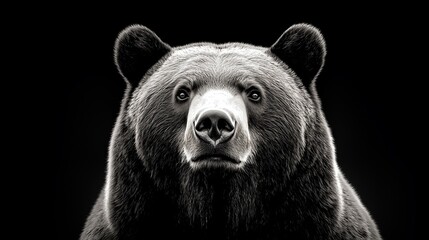 Powerful Kamchatka bear portrait, black-and-white, front view with intense focus, isolated against dark background for high-contrast predator effect