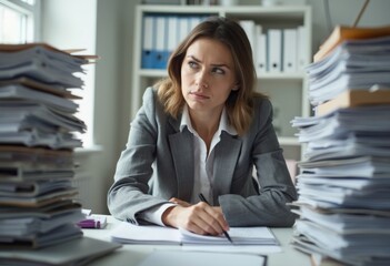 Secretary sits at the desk, looks desperate and overwhelmed, next to her are two large batches of files