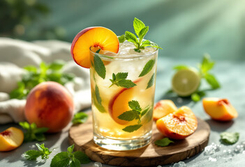 Summer peach mojito cocktail with fresh mint, lime and peach slices, refreshing summer drink
