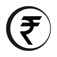 Indian currency symbol isolated on white background with black shapes. Rupee currency symbol.black and white circle shape,currency icon.Vector illustration on white background.Money label.