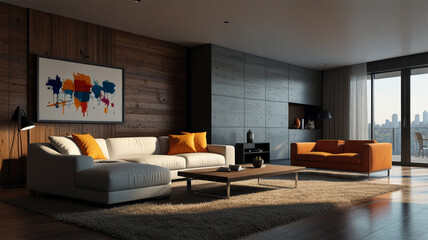 bright living room with a lounge area near a glass window, creating a comfortable and inviting space for relaxation and enjoyment.