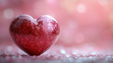 Fototapeta premium Soft blush pink background with a simple red heart in the center and clear space surrounding it for text. with copy space for text
